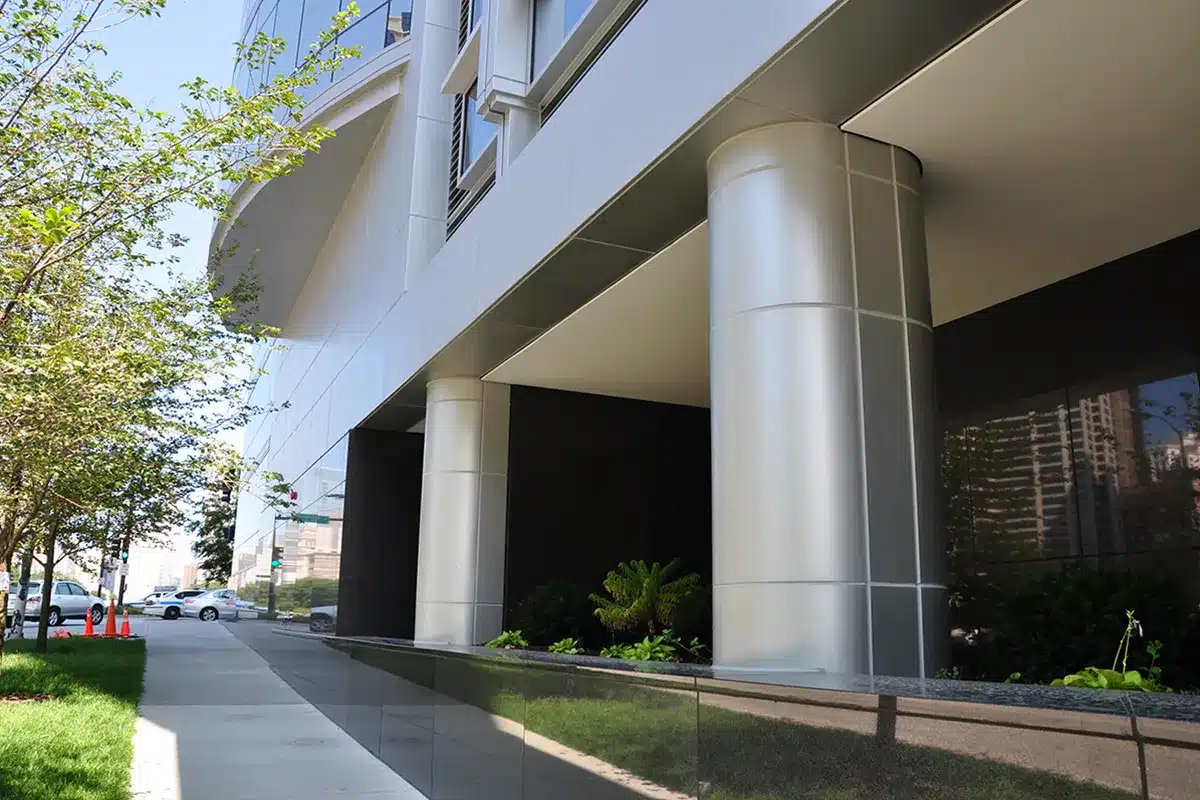 Exterior view of building with column covers