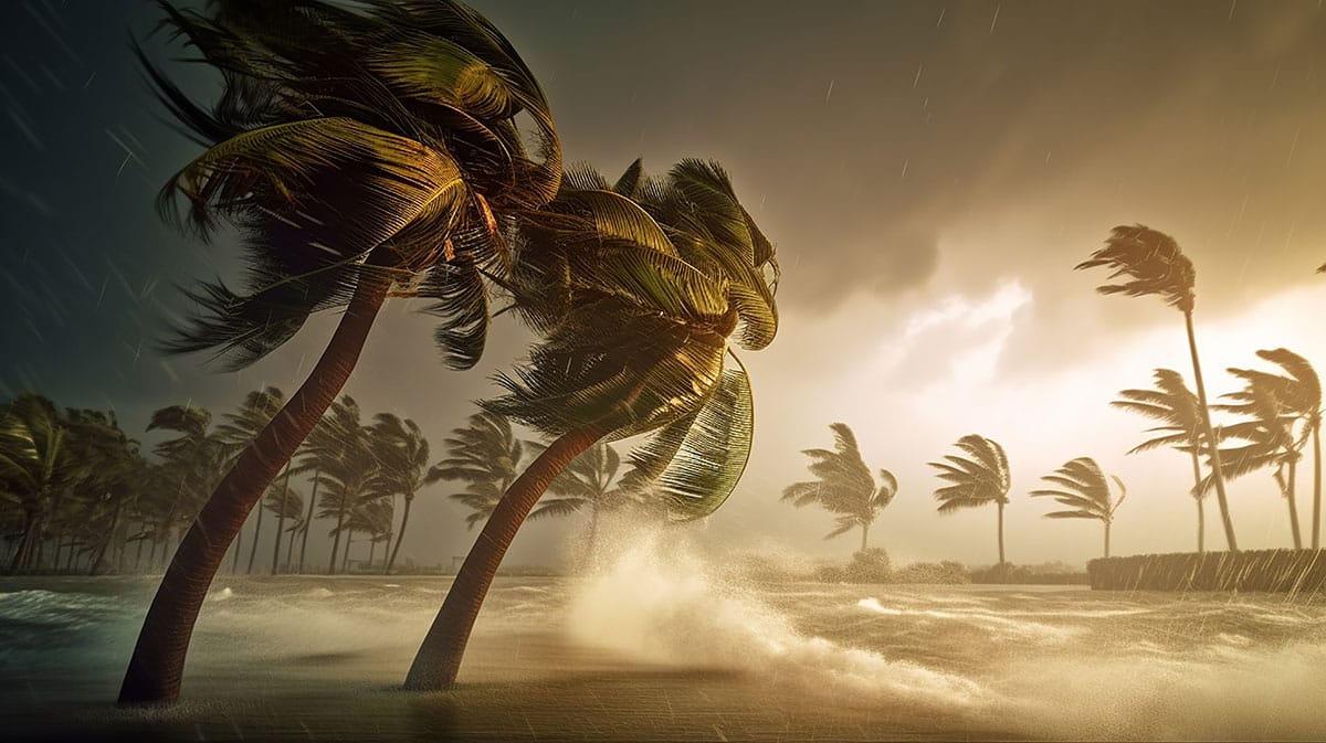 Hurricane winds against beach and palm trees